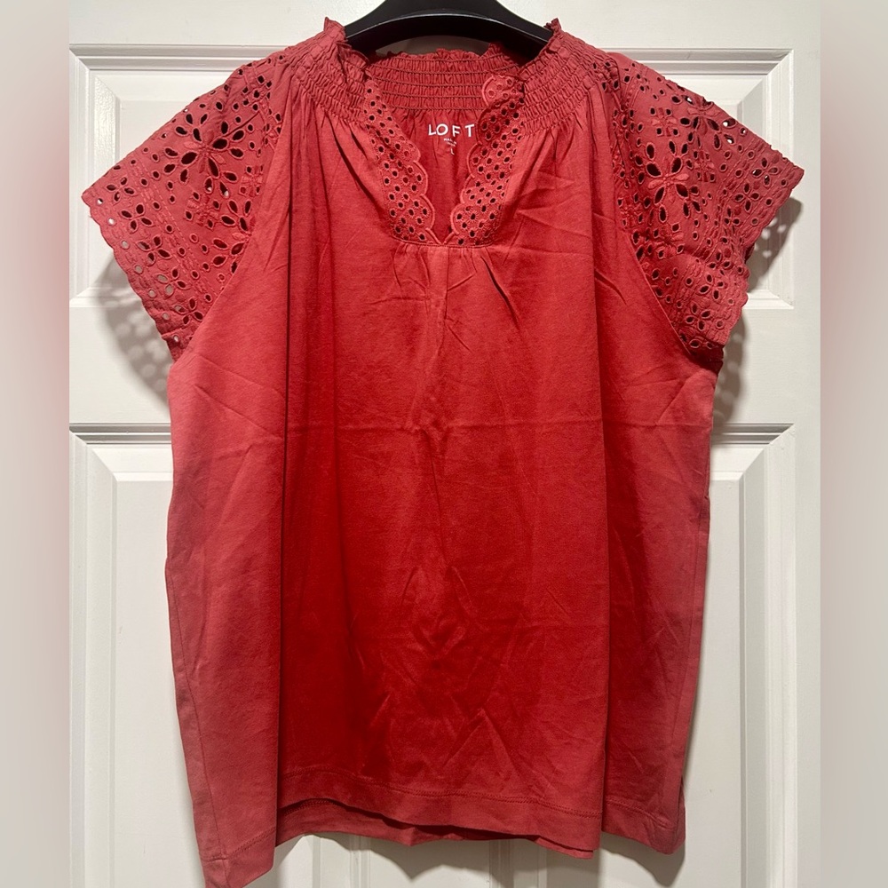 LOFT Red Eyelet Sleeve Blouse